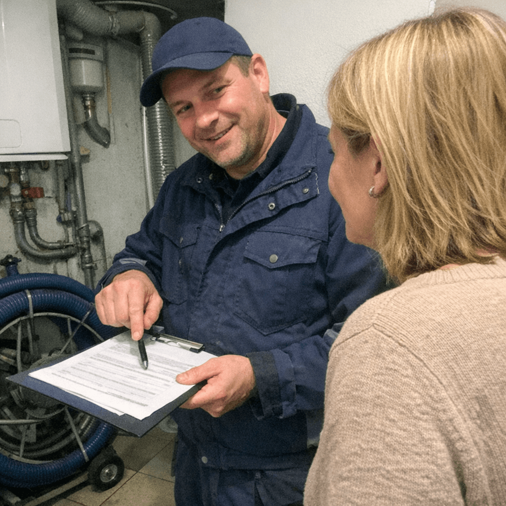 Monteur erklärt einer Hauseigentümerin neben dem Einsatzfahrzeug die nächsten Arbeitsschritte