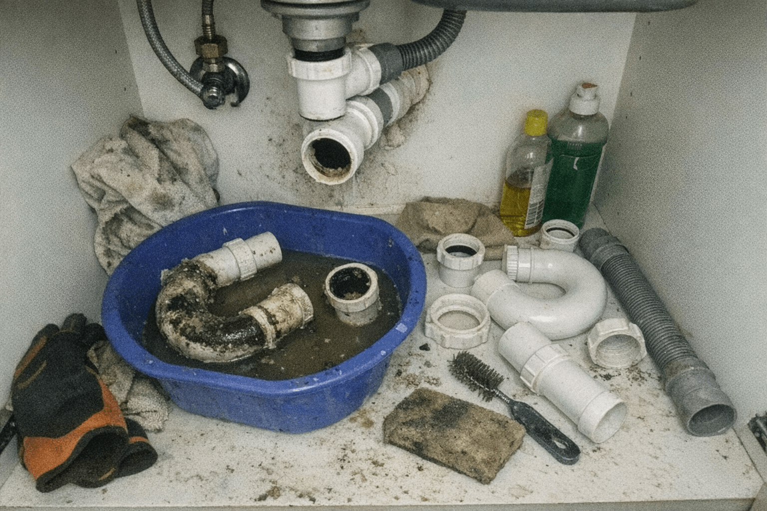 Geöffneter Unterschrank mit demontiertem Siphon und gereinigten Verbindungsstücken neben Werkzeug