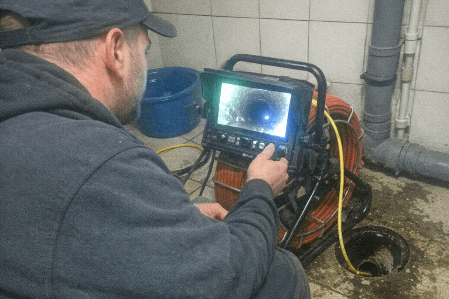 Kamerakopf auf einer Schubstange wird an einem geöffneten Revisionspunkt in die Leitung eingeführt