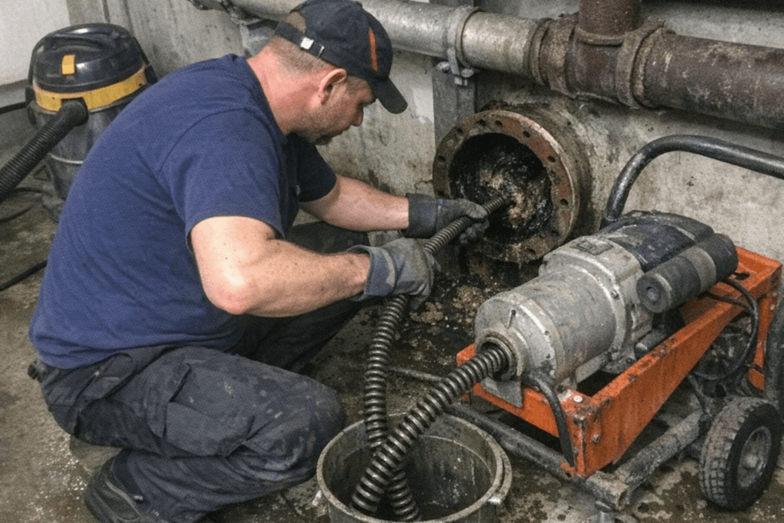 Techniker entfernt in einer gewerblichen Küche Ablagerungen aus einem Bodenablauf mit Spezialgerät