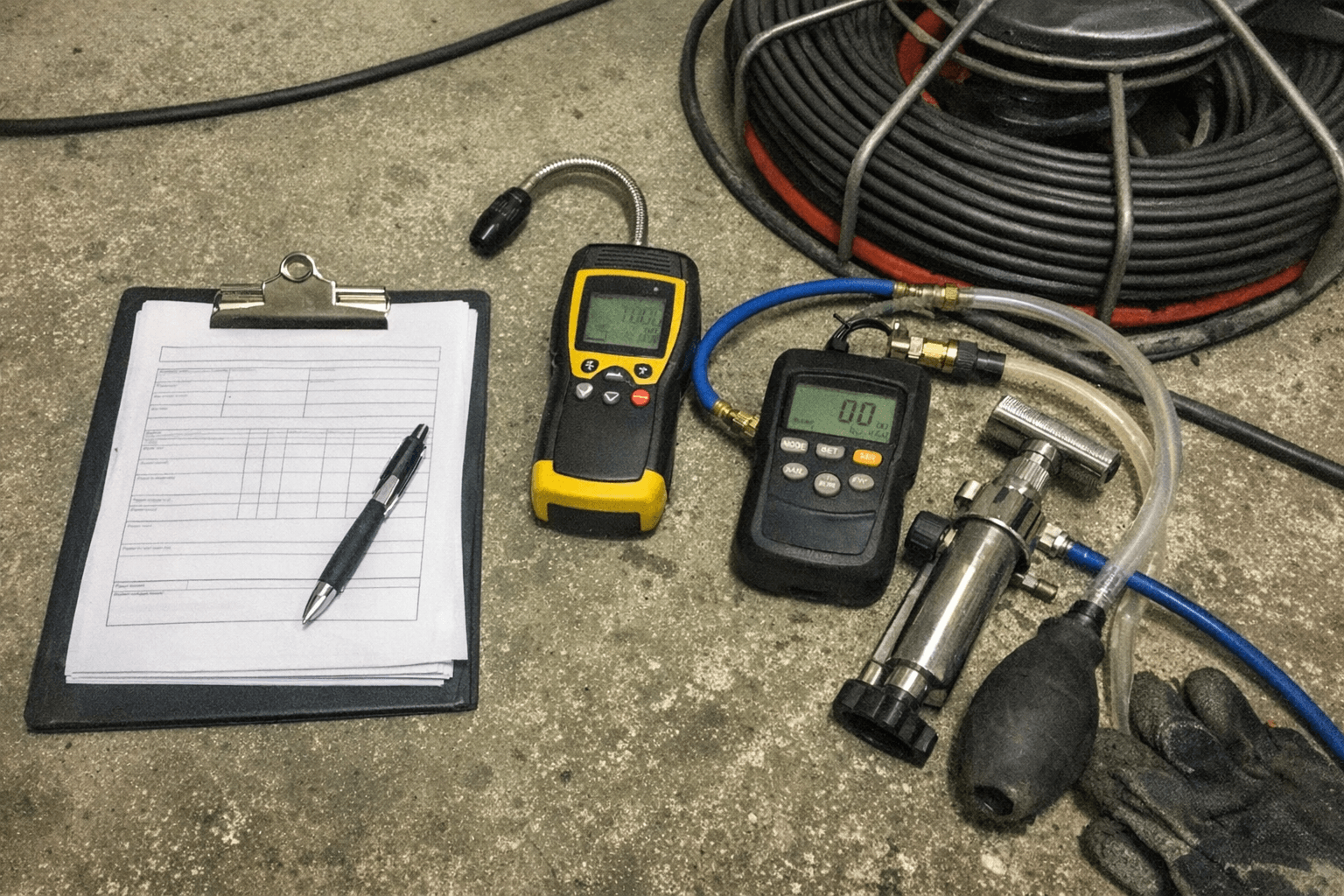 Ausgedrucktes Prüfprotokoll liegt neben Messgerät und Schutzhelm auf dem Heck eines Einsatzfahrzeugs