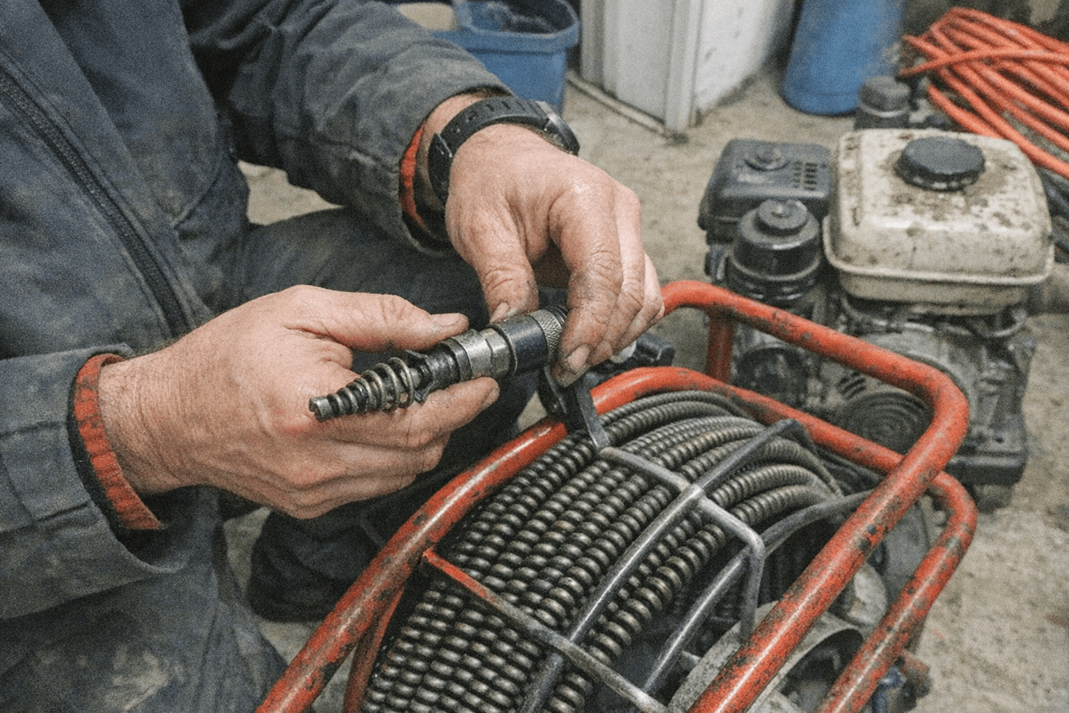 Nahaufnahme eines Monteurs, der eine elektromechanische Reinigungsspirale an einem Gerät einstellt